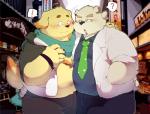 arm_on_shoulder barazoku blush bulge chest_tuft cigarette clothed clothing duo eyewear fully_clothed glasses hair hand_on_hip japanese kemono male obese outside overweight partially_clothed ponytail scarf side_hug text tuft quanjiang lifewonders tokyo_afterschool_summoners cu_sith_(tas) leib_(tas) bear canid canine canis domestic_dog mammal polar_bear ursine hi_res japanese_text portrait three-quarter_portrait