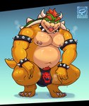 anthro big_bulge bodily_fluids bowser_logo bowser_logo_thong bulge clothing crouching detailed_bulge facial_piercing male musk musk_clouds musky_underwear nipple_piercing nipples nose_piercing nose_ring piercing pubes ring_piercing solo sweat sweatdrop thong underwear streif mario_bros nintendo bowser koopa scalie hi_res