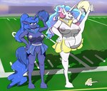 accessory anthro anthrofied big_breasts blue_body blue_eyes blue_hair bow_(feature) bow_accessory bow_ribbon breasts cheerleader_outfit clothing duo feathered_wings feathers female football_field genitals hair hair_accessory hair_bow hair_ribbon hand_on_hip hooves horn ineffective_clothing multicolored_hair navel nipples on_one_leg open_mouth open_smile outside pom_poms ponytail purple_eyes pussy raised_leg ribbons smile standing underhoof unguligrade white_body wings sailoranna friendship_is_magic hasbro my_little_pony mythology princess_celestia_(mlp) princess_luna_(mlp) equid equine mammal mythological_creature mythological_equine winged_unicorn 2023 hi_res