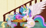 crown cutie_mark duo feathered_wings feathers female feral food furniture headgear horn muffin princess royalty stairs table wings dstears friendship_is_magic hasbro my_little_pony mythology derpy_hooves_(mlp) princess_celestia_(mlp) equid equine mammal mythological_creature mythological_equine pegasus winged_unicorn hi_res