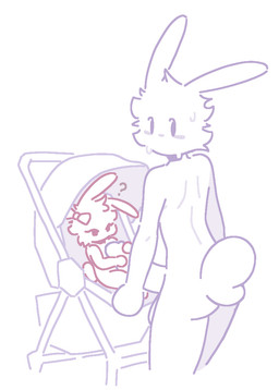 adult_on_toddler anthro big_penis bodily_fluids confusion duo erection exhibitionism female genitals male male/female neonate nervous older_on_young penis public sex simple_background stealth_sex stroller sweat tail white_background young young_female rivetinganne byn_(ped_byn) lagomorph leporid mammal rabbit