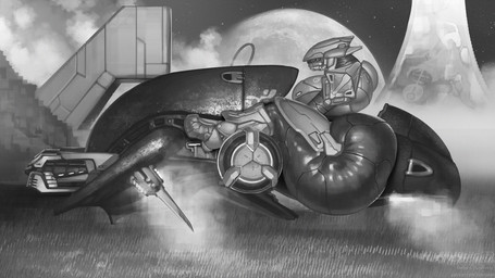 armor big_breasts big_butt black_eyes breasts butt cloud female grass grey_armor huge_butt huge_thighs hyper hyper_butt not_furry on_vehicle outside plant side_view solo thick_thighs vehicle borisalien halo_(series) microsoft xbox_game_studios alien sangheili 16:9 2025 digital_media_(artwork) hi_res monochrome shaded widescreen