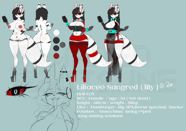 anthro areola back_tattoo big_breasts black-hair black_body black_clothing black_dress black_eyes black_fur black_stripes blush bottomwear breasts clothed clothed_anthro clothed_female clothing dress ear_piercing ear_ring female fluffy fluffy_tail footwear fur genitals hair high_heels hoop_ear_ring industrial_piercing legwear long_hair multicolored_body multicolored_fur nipples nude nude_anthro nude_female pelvic_curtain piercing pink_areola pink_nipples platform_footwear platform_heels red_bottomwear red_clothing red_legwear red_sclera red_skirt red_thigh_highs red_thong red_underwear ring_piercing shoes skindentation skirt solo striped_body striped_fur stripes tail tattoo text thick_thighs thigh_highs thong tongue tongue_out tongue_piercing two_tone_body two_tone_fur underwear vulva white_body white_fur maned_kitsune liliaceo_sangred canid canine demon fox mammal 2026 english_text hi_res model_sheet watermark