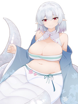apode bedroom_eyes big_breasts bottomwear breasts cleavage cleavage_cutout clothed clothing cutout female grey_body grey_hair grey_scales hair halter_top legless looking_at_viewer midriff narrowed_eyes navel red_eyes scales seductive serpentine simple_background skirt smile solo split_form white_background yonaga draconcopode humanoid lamia reptile scalie snake 2024 3:4 hi_res