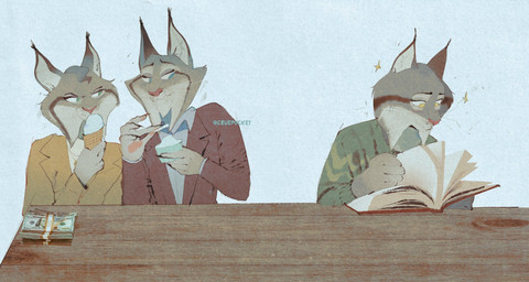 anthro book clothing dessert female food furniture group ice_cream male male/female money paws reading reading_book simple_background suit table text trio whiskers cruepocket disney zootopia cattrick_lynxley kitty_lynxley pawbert_lynxley felid feline lynx mammal artist_name hi_res