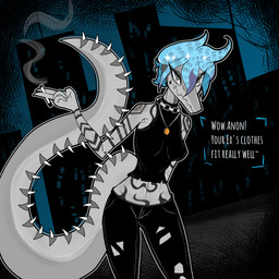 alternate_costume alternative_fashion amber_(gem) amber_(material) anthro arm_tattoo belly_tattoo biped black_bottomwear black_clothing black_crop_top black_pants black_shirt black_topwear blue_hair bottomwear breasts chain_necklace cigarette city city_background cityscape clothing crop_top detailed_background dialogue facial_tattoo female fingers front_view goth grey_body grey_eyes hair humanoid_hands jewelry long_tail looking_at_viewer medium_breasts midriff navel necklace non-mammal_breasts non-mammal_navel pants shirt short_hair small_waist smile smoke solo spiked_tail spikes spikes_(anatomy) standing tail talking_to_viewer tattoo text topwear torn_bottomwear torn_clothing torn_pants gothgator0 goodbye_volcano_high ko_op_(game_developer) nick_(gvh) baryonyx dinosaur prehistoric_species reptile saurischian scalie spinosaurid theropod 1:1 absurd_res english_text hi_res portrait restricted_palette three-quarter_portrait