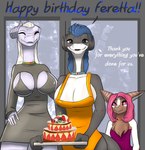 anthro big_breasts birthday black_eyes breast_size_difference breasts brown_body cake chest_tuft cleavage clothed clothing collar dessert dialogue dress eyelashes eyes_closed female food fur grey_body grey_scales group hair hand_on_hip holding_food holding_object looking_at_viewer multicolored_body multicolored_fur pink_eyes pink_sclera purple_eyes scales size_difference smile text trio tuft two_tone_body two_tone_fur white_body nyo_la_nixan mythology meeka_rose mis'alia nyo_la_nixan_(character) dra'essa draako dragon mythological_creature mythological_scalie scalie silver_dragon english_text hi_res