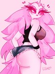 anthro black_clothing black_shirt black_topwear bottomwear breasts butt clothing crown denim denim_bottomwear denim_clothing denim_shorts female frown fur hair headgear long_hair looking_back pink_background pink_eyes pink_hair shirt shorts simple_background solo topwear white_body white_fur coffeelilauwu helluva_boss stella_(helluva_boss) anatid anseriform anserinae avian avian_demon bird demon swan