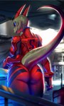 2018 anthro argonian asuka_langley_soryu bethesda_softworks blue_eyes bodysuit breasts butt clothed clothing digital_media_(artwork) female fully_clothed glistening glistening_body glistening_clothing gloves glowing glowing_eyes handwear hi_res horn lizard looking_down microsoft neon_genesis_evangelion non-mammal_breasts rear_view reptile scalie shaded skinsuit skygracer smile solo standing tail the_elder_scrolls thick_thighs tight_clothing
