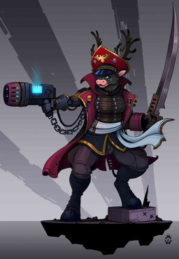 anthro antlers armor big_ears black_body black_fur chain clothing ears_up female fur green_eyes gun hat headgear headwear horn looking_forward melee_weapon ranged_weapon solo sword weapon wearing_hat wolfdawg warhammer_(franchise) warhammer_40000 aima_tahtivyo_(lynxzy) deer mammal new_world_deer reindeer hi_res