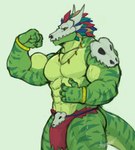 abs anthro armor biceps bone bone_armor bottomwear clothing green_body green_scales loincloth male mask muscular muscular_anthro muscular_male nipples pecs scales shoulder_armor skull skull_mask solo alzeaker terraria witch_doctor_(terraria) lihzahrd lizard reptile scalie hi_res