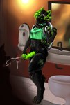 anthro bathroom black_body bodily_fluids breasts clothing collar crop_top cum cum_on_face cumshot ejaculation genital_fluids genitals glory_hole green_clothing green_eyes green_hair green_penis gynomorph hair hole_in_wall humanoid_genitalia humanoid_penis intersex machine penis public_restroom restroom_stall shirt sink solo toilet topwear urinal charlotart aspekt_(protogen) protogen absurd_res hi_res