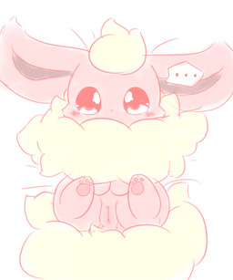 3_toes bedding blush chest_tuft chibi ellipsis feet female feral fluffy_ears fur genitals kemono long_ears looking_at_viewer pawpads red_body red_fur solo speech_bubble spread_legs spreading toes tuft vulva wide_eyed yellow_body yellow_fur nakimayo nintendo pokemon eeveelution flareon generation_1_pokemon pokemon_(species) 5:6 hi_res