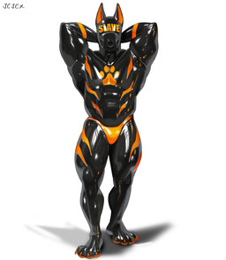 anthro black_latex clothing drone latex latex_clothing latex_skinsuit male mask multicolored_clothing multicolored_skinsuit muscular muscular_anthro muscular_male orange_latex simple_background skinsuit slave solo standing tight_clothing two_tone_clothing two_tone_skinsuit wearing_mask white_background cxcxxcxxxx canid canine canis domestic_dog mammal 2026 absurd_res hi_res
