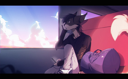 anthro bag biped black_body black_fur clothing cloud electronics fur hair inside male phone sitting sky solo technology window fumiko domestic_cat felid feline felis mammal digital_media_(artwork) shaded
