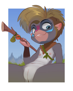 anthro blue_eyes border brown_hair countershade_fur countershade_torso countershading day female female_anthro fingernails flat_chested fur genitals grey_body grey_fur grin hair holding_object holding_stick leaning leaning_backward looking_at_viewer nails nipples outside sitting sky smile solo spread_legs spreading stick vulva white_border young young_anthro young_female horemheb disney the_lion_guard the_lion_king makini haplorhine mammal mandrill monkey old_world_monkey primate 2025 digital_drawing_(artwork) digital_media_(artwork) hi_res portrait shaded three-quarter_portrait