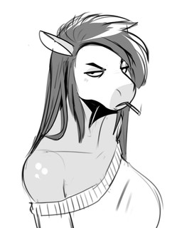 anthro big_breasts biped breasts cigarette clothed clothing eyebrows female grimace grumpy hair half-closed_eyes long_hair looking_at_viewer narrowed_eyes shirt simple_background smoking solo topwear white_background zeekzag equid equine horse mammal 2020 digital_media_(artwork) half-length_portrait hi_res monochrome portrait