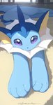 ambiguous_gender blue_body feet feral foot_focus looking_at_viewer lying paws purple_eyes solo tail olyester nintendo pokemon eeveelution generation_1_pokemon pokemon_(species) vaporeon 2025 signature