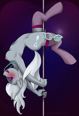 5_fingers aged_up anthro anthrofied blush breasts clothing cutie_mark eyebrows eyelashes eyes_closed eyeshadow eyewear female fingers flexible glasses grey_hair hair hooves jewelry legwear lens_flare makeup necklace nipples open_mouth pole simple_background smile solo stripper stripper_pole tail thigh_highs white_hair susiebeeca friendship_is_magic hasbro my_little_pony silver_spoon_(mlp) earth_pony equid equine horse mammal pony 2013