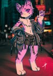 2023 absurd_res anthro blaedic blurred_background bottomwear cheek_tuft chest_tuft city claws clothed clothing digitigrade facial_tuft felid feline front_view gesture group handpaw hi_res inner_ear_fluff jacket kemono lobell_(zentesu_1) looking_at_viewer male male_anthro mammal mixed_media off_shoulder outside pawpads paws photo_background photography_(artwork) pink_eyes portrait pose purple_claws purple_pawpads purple_stripes shorts smile snap_fastener solo_focus standing street stripes topwear tuft waving waving_at_viewer