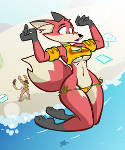 anthro beach big_breasts bikini black_body black_fur breasts brown_body brown_fur brown_hair clothing duo female fluffy fluffy_tail fur gold_bikini hair midair multicolored_body multicolored_fur orange_body orange_fur side-tie_bikini string_bikini swimwear tail tan_body tan_fur two-piece_swimsuit under_boob wide_hips aygee golden_week rusty_seas mirig_(aygee) pool_vixen_(aygee) canid canine canis fox mammal wolf 2026 5:6