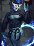 anthro black_sclera blue_body blue_fire bone book bulge burning claws clothing colored_fire detailed_bulge finger_claws fire hat headgear headwear keyhole_clothing looking_at_viewer male muscular muscular_anthro muscular_male pecs skull skull_head solo whip white_eyes mystikfox61 demon 2021 digital_media_(artwork) hi_res