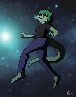 anthro biped black_clothing black_shirt black_topwear bottomwear clothed clothed_anthro clothed_female clothing cosmic_background detailed_background feet female fingers floating freckled_face freckles green_body green_hair grey_bottomwear grey_clothing grey_eyes grey_pants hair humanoid_feet humanoid_hands looking_up medium_hair open_mouth pants plantigrade shirt solo space space_background tail text toes topwear yellow_sclera ok-nobody-3893 cavemanon_studios i_wani_hug_that_gator olivia_halford baryonyx dinosaur prehistoric_species reptile saurischian scalie spinosaurid theropod 2025 artist_name colored shaded