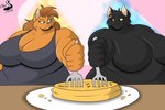 anthro black_body black_fur breakfast breasts brown_hair clothed clothing cutlery duo featureless_breasts featureless_nudity female female/female food fork fork_in_pancake fur furniture hair kitchen_utensils obese obese_anthro obese_female orange_body orange_fur overweight overweight_anthro overweight_female pancake plate shirt stand_off stare table tension thick_thighs tools topwear chrisandcompany neve_vecat sasha_(chrisandcompany) domestic_cat felid feline felis mammal 2024 digital_drawing_(artwork) digital_media_(artwork) hi_res