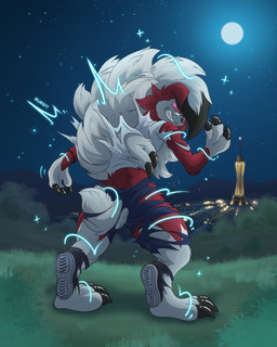 anthro biped city cityscape claws clothing digitigrade eyewear feet finger_claws full_moon fur glasses glowing glowing_eyes looking_back magic male moon night pink_eyes red_body red_fur sky solo star starry_sky toe_claws torn_clothing transformation white_body white_fur lupe_kord nintendo pokemon canid canine generation_7_pokemon lycanroc mammal midnight_lycanroc pokemon_(species) werecanid werecanine werecreature 4:5 absurd_res hi_res