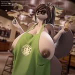 5_fingers anthro apron apron_only areola arms_bent belly beverage big_areola big_breasts big_butt black_nipples bouncing_breasts breasts butt clothing coffee container cup curvy_figure dark_body dark_fur dark_hair dark_nipples detailed_background dual_holding eyewear female fingers fur glasses green_apron green_clothing hair holding_container holding_cup holding_object huge_breasts huge_butt hyper hyper_breasts long_hair looking_at_viewer mostly_nude nipples nude overweight overweight_anthro overweight_female pen slightly_chubby solo text thick_thighs wide_hips writing_utensil orilas i_mean_breast_milk starbucks hilwu canid canine mammal 1:1 2021 3d_(artwork) 3d_animation animated blender_(artwork) compression_artifacts digital_media_(artwork) loop meme no_sound short_playtime url webm