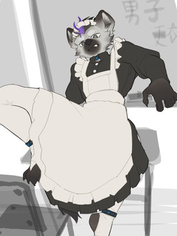 anthro apron black_body black_fur clothing collar dress ear_piercing eyebrow_piercing facial_piercing fur grey_body grey_fur hair legwear maid_uniform male multicolored_body multicolored_fur multicolored_hair piercing solo stockings teeth two_tone_body two_tone_fur two_tone_hair uniform pu94_d1de4c arknights hypergryph studio_montagne spot_(arknights) hyena mammal spotted_hyena 2025 hi_res sketch
