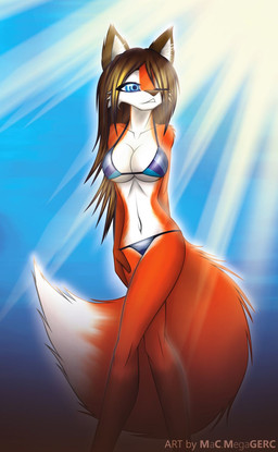abstract_background anthro bikini biped blue_eyes breasts clothed clothing dipstick_tail female long_legs markings one_eye_closed simple_background skimpy solo sun swimwear tail tail_markings triangle_bikini two-piece_swimsuit under_boob macmegagerc cassandra_(tailsrulz) canid canine fox mammal hi_res