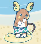 bottomwear clothing male shorts shy solo swimming swimming_trunks swimwear kitsune2000 nintendo pokemon alolan_form alolan_raichu generation_7_pokemon pokemon_(species) regional_form_(pokemon)