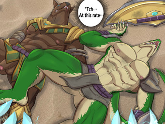 abs anthro armor balls clothed clothing duo fur genitals headgear helmet male male/male muscular muscular_anthro muscular_male nipples pecs penis text reneksus league_of_legends riot_games tencent nasus_(lol) renekton anubian_jackal canid canine canis crocodile crocodilian jackal mammal reptile scalie 4:3 absurd_res english_text hi_res brother_(lore) brothers_(lore) sibling_(lore)