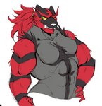 2019 abs accessory anthro big_biceps breasts daily-incineroar fangs female fur generation_7_pokemon hair hair_accessory hair_tie incineroar multicolored_body multicolored_fur muscular muscular_anthro muscular_female nintendo nude pokemon pokemon_(species) ponytail simple_background small_breasts solo teeth two_tone_body two_tone_fur