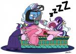 armor bed bottle breath_mint clothing container dress duo female furniture headgear helmet horn humor sleeping snoring sound_effects vowelless vowelless_sound_effect zzz bobthedalek friendship_is_magic hasbro my_little_pony mythology starlight_glimmer_(mlp) trixie_(mlp) equid equine mammal mythological_creature mythological_equine unicorn 2018 hi_res