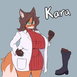 5_fingers anthro big_breasts blue_nails blush blush_lines boots breasts brown_body brown_fur brown_hair clothing coat colored_nails eyelashes eyewear female fingers footwear fur glasses green_eyes hair huge_breasts inner_ear_fluff lab_coat lips mature_anthro mature_female nails orange_body orange_fur plantigrade shoes slightly_chubby smile snout solo sweater_dress tail thick_thighs topwear tuft polsy kara_woods_(polsy) canid canine fox mammal 1:1 absurd_res hi_res