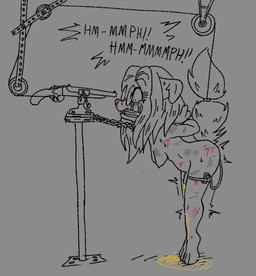 abuse abused anal anal_penetration anthro arms_tied arms_tied_behind_back balancing bdsm blood bodily_fluids bondage bound bound_to_object bound_to_vibrator breasts bruised chain circumcised cloth_gag collar contraption emenata eyewear fear_peeing female fluffy fluffy_tail gag genital_fluids genitals glasses gore gun hair hands_behind_back imminent_death long_hair machine muffled_screaming non-shaded object_in_ass panicking paws penetration penis predicament_bondage pulley pupils raised_hackles ranged_weapon ribbon_bondage ribbons round_glasses rube_goldberg_machine sawed-off_shotgun scar scared scratched_up scratches sex_toy sex_toy_in_ass sex_toy_insertion shaking shotgun snuff solo string tail tail_tied tears tiptoes torture torture_device trapped trembling twitching urine vibrator vibrator_in_ass vice_grip watersports weapon wounded fatal_affection canid canine mammal hi_res trans_(lore)