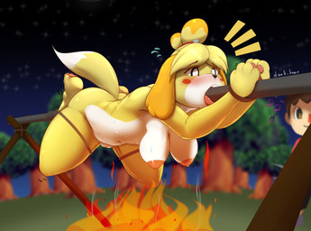 3_toes 4_fingers all_the_way_through anthro bdsm black_nose blonde_hair blush bodily_fluids breasts brown_eyes brown_hair character_prepared_as_food clothed clothing dipstick_tail duo feet female fingers fire forest fur genitals hair imminent_death impalement male markings night nipples outside pawpads penetration pink_pawpads pink_tongue pink_vulva plant roasting roasting_spit shirt snuff solo_focus star sweat tail tail_markings toes tongue tongue_out topwear tree vulva yellow_body yellow_fur waynekan animal_crossing nintendo isabelle_(animal_crossing) canid canine canis domestic_dog human mammal toy_dog absurd_res hi_res