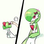 ambiguous_gender blush blush_lines bow_ribbon duo eyeless green_pseudo_hair multicolored_body one_eye_obstructed open_mouth pseudo_hair red_eyes simple_background solo two_tone_body white_body mikanbouzuuu nintendo pokemon gardevoir generation_3_pokemon human humanoid mammal pokemon_(species) ralts 1:1 2025 hi_res