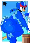 anthro beak big_butt black_eyeshadow blue_body blue_feathers blue_hair bodily_fluids bottom_heavy butt choker claws eyeshadow feathers femboy glass hair huge_butt huge_thighs hyper hyper_butt jewelry looking_at_viewer makeup male necklace nude smile solo sweat sweaty_butt thick_thighs toe_claws princedragonsfw nintendo pokemon avian generation_9_pokemon pokemon_(species) quaquaval hi_res