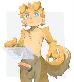 5_fingers accessory anthro arm_tuft balls blue_eyes blush bodily_fluids body_blush chest_tuft claws cock_ring countershading elbow_tuft erection eyebrows facial_tuft finger_claws fingers floppy_ears fluffy fluffy_tail foreskin fur genital_fluids genitals glistening glistening_genitalia glistening_penis grey_body holographic_screen jewelry leaking_precum male nude_anthro nude_male open_mouth penis penis_accessory penis_blush penis_jewelry precum shoulder_tuft simple_background solo standing surprised sweat sweatdrop tail tan_balls tan_body tan_eyebrows tan_fur tan_penis tuft white_background yellow_body yellow_fur young young_anthro young_male regcron crowl_(regcron) canid canine canis domestic_dog mammal 2026 hi_res portrait three-quarter_portrait