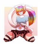 anthro big_tail biped blue_eyes bottomwear bulge clothed clothing clothing_lift crossdressing ear_piercing femboy fur hair kneeling legwear looking_at_viewer male midriff multicolored_hair navel panties pattern_clothing pattern_legwear pattern_stockings piercing rainbow_hair shirt shirt_lift simple_background skirt smile solo stockings striped_clothing striped_legwear striped_stockings stripes super_gay tail topwear underwear upskirt white_body white_fur caninelove revy_(revy) domestic_cat felid feline felis mammal 2015 digital_media_(artwork) hi_res