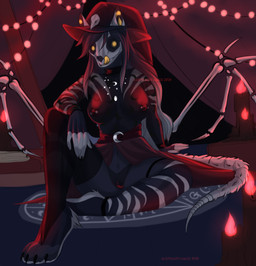 accessory anthro black_candle black_claws bone bone_tail bone_wings breasts candle claws clothed clothing female fur garland genitals grey_body grey_fur grey_hair hair hat headgear headwear lights markings multicolored_hair nipple_piercing nipples partially_clothed piercing skull skull_head solo tongue tongue_out unusual_anatomy unusual_wings vulva white_fingers white_hair white_markings wings witch_hat yellow_eyes yellow_tongue albtraumwach felid feline mammal absurd_res hi_res sketch