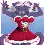 2_heads 3_breasts anthro black_body black_fur breasts clothing dress duo female fur hair holidays mistletoe multi_breast multi_head open_mouth pink_eyes pink_nose plant santa_dress white_hair evonallure christmas felicia_(flafty) felid mammal 1:1