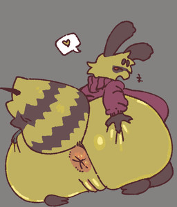 anthro anus arthropod_abdomen big_breasts big_butt blonde_hair bottomless bottomless_anthro bottomless_female breasts butt butt_focus clothed clothing female female_anthro fur genitals grey_background hair hand_on_butt hand_on_own_butt heart_symbol huge_butt looking_back non-mammal_breasts non-mammal_vulva open_mouth rear_view simple_background solo stinger sweater topwear vulva yellow_body yellow_fur redactedinlight arthropod bee hymenopteran insect 2025 digital_drawing_(artwork) digital_media_(artwork) full-length_portrait portrait