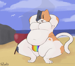 anthro barbecue beach belly bent_legs big_belly bulge clothed clothing detailed_background grill lgbt_pride male multicolored_clothing multicolored_underwear navel overweight overweight_anthro overweight_male pecs pride_colors rainbow_clothing rainbow_flag rainbow_pride_flag rainbow_symbol rainbow_underwear sand solo underwear underwear_only theroostz epic_games fortnite meowscles ambient_bird calico_cat domestic_cat felid feline felis mammal 2026 hi_res signature