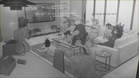 ambiguous_penetration anthro balls big_butt biped bodily_fluids breasts butt can chair container controller cum detailed_background dialogue drinking electronics female female_penetrated furniture genital_fluids genitals group holding_can holding_container holding_controller holding_object inside interspecies larger_female larger_penetrated leaking_cum lying male male/female male_penetrating on_side onomatopoeia open_mouth penetration penile penile_penetration sex sitting size_difference smaller_male sofa sound_effects table tail television text thick_thighs three-quarter_view sincrescent hush_(demivo) iliya_(jigrasmut) zock bovid canid canine caprine lagomorph leporid mammal rabbit rodent 16:9 hi_res widescreen