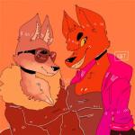 anthro breast_squish breasts clothing crossgender duo eyewear female female/female fur glasses grey_body grey_fur jacket orange_body orange_fur simple_background squish teeth topwear yellow_eyes youtuber drawdroid jameskii pyrocynical canid canine canis fox mammal wolf 1:1 2017 hi_res