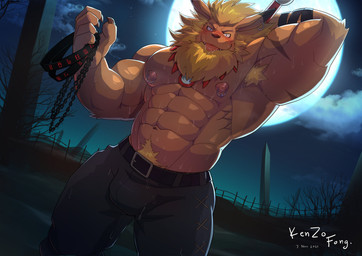5_fingers anthro armpit_hair belt biceps biped blush bodily_fluids body_hair bottomwear chain claws clothing collar detailed_background ear_piercing ear_ring fingers full_moon hand_behind_head happy_trail humanoid_hands looking_at_viewer male moon muscular muscular_anthro muscular_male navel nipple_piercing nipple_ring nipples pants piercing pubes raised_arm ring_piercing serratus solo sweat sweaty_armpit sweaty_body tongue tongue_out kenzofong bandai_namco digimon digimon_(species) leomon 2021 absurd_res colored hi_res signature